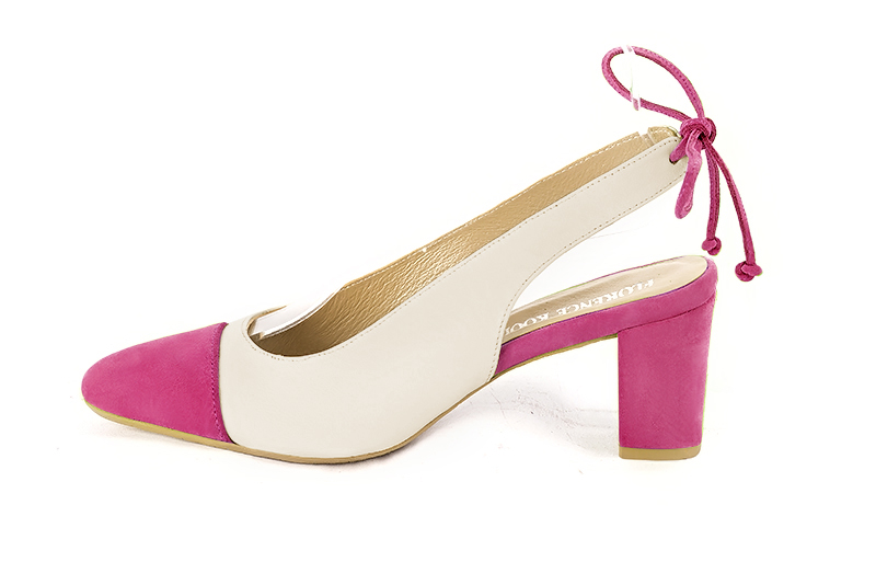 French elegance and refinement for these fuschia pink and off white dress slingback shoes, 
                available in many subtle leather and colour combinations. This beautiful enveloping pump will fit your foot without binding it
Its rear lacing will allow you to adjust it to your liking.
To be declined according to your choice of materials and colors.  
                Matching clutches for parties, ceremonies and weddings.   
                You can customize these shoes to perfectly match your tastes or needs, and have a unique model.  
                Choice of leathers, colours, knots and heels. 
                Wide range of materials and shades carefully chosen.  
                Rich collection of flat, low, mid and high heels.  
                Small and large shoe sizes - Florence KOOIJMAN